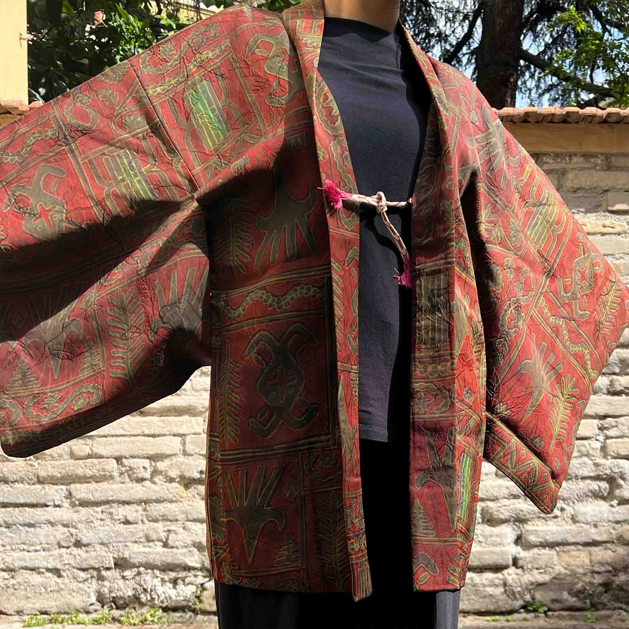Haori D'Epoca In Seta (Giacca Per Kimono) Rosso e Verde