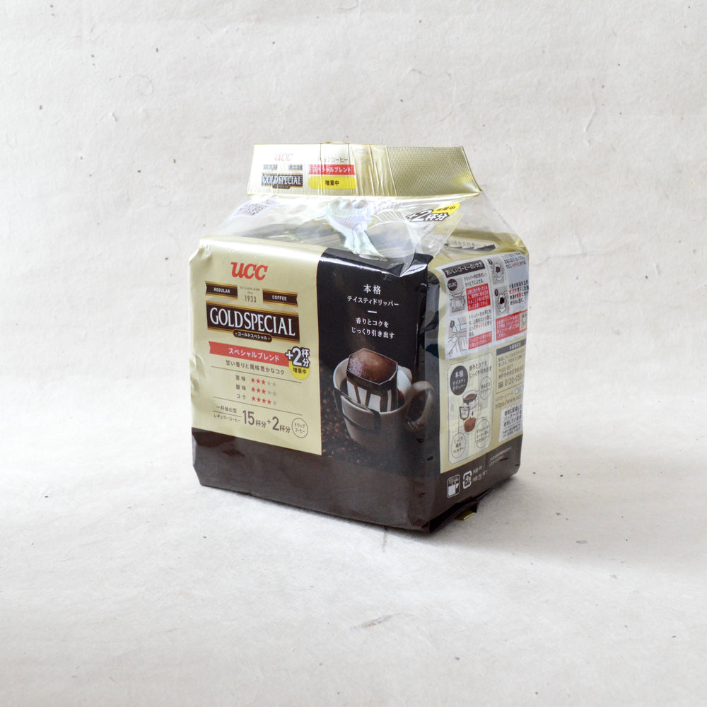 
                  
                    Caffè Gold Special Drip - UCC (15pz). Dettagli della confezione ed etichetta
                  
                